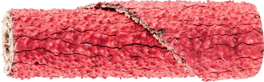 A red-coloured, elongated and textured object that resembles a rolled-up fabric or bark.
