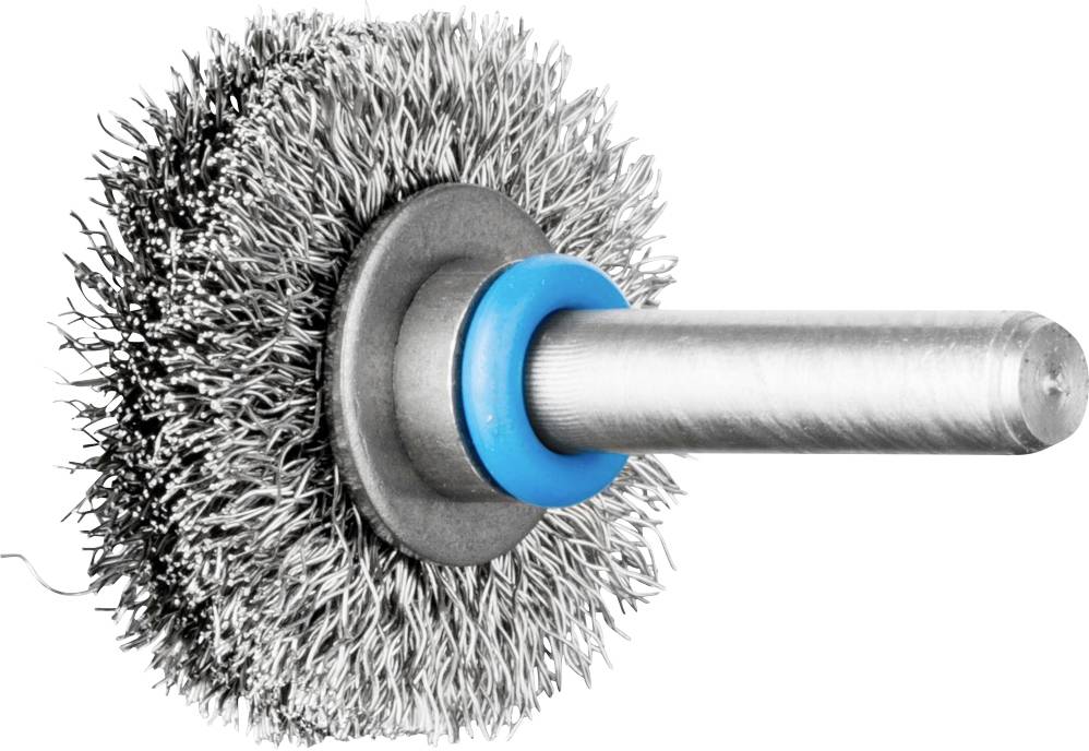 Metallic wire brush with blue ring, suitable for cleaning and grinding work on various surfaces.