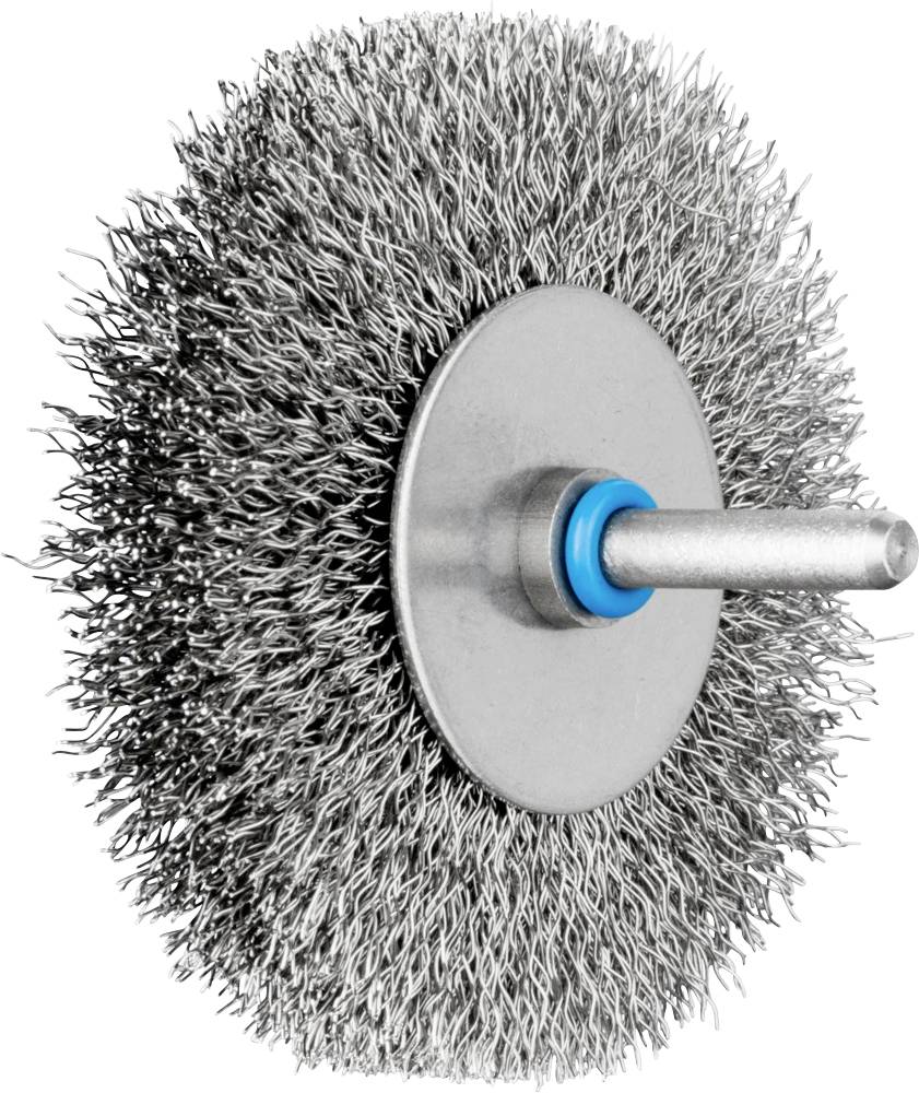 A round wire brush with a metal form, shown from the side, likely suitable for cleaning or removing rust.