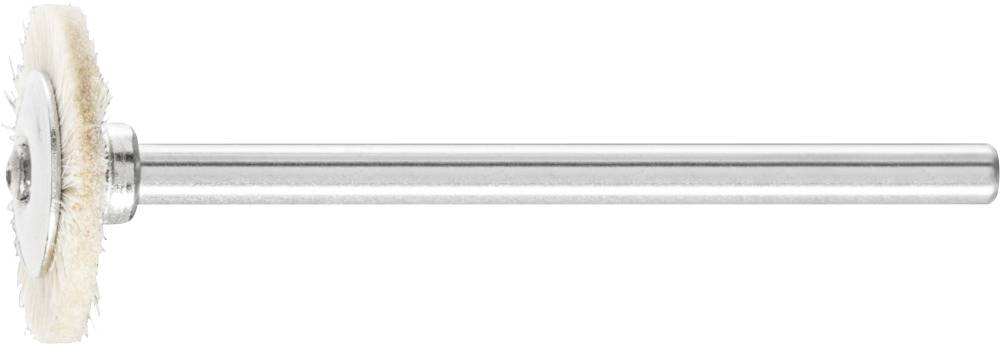 A polishing attachment with a white felt wheel and a metal handle, used for polishing smaller surfaces and details.