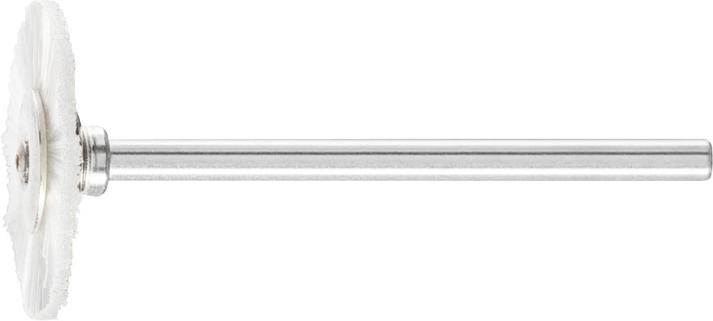 A white polishing attachment with a metal shaft, horizontally positioned, against a neutral background. Suitable for precise polishing work.