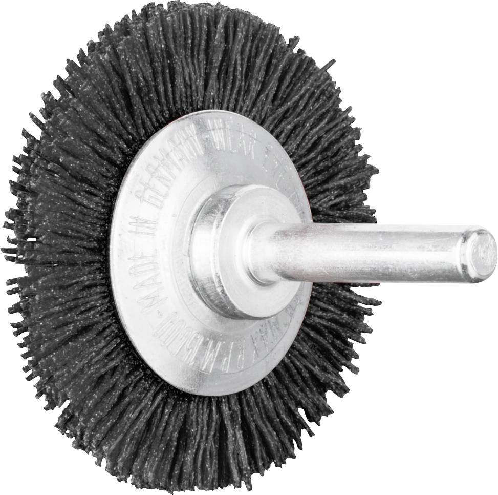 Black round wire brush with metal fastening and handle, for cleaning or removing rust from surfaces.