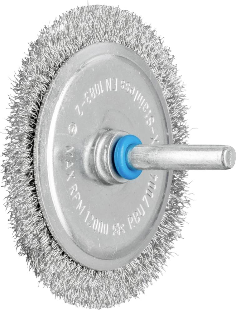 Wire brush with round head and metal handle, suitable for removing rust and paint.