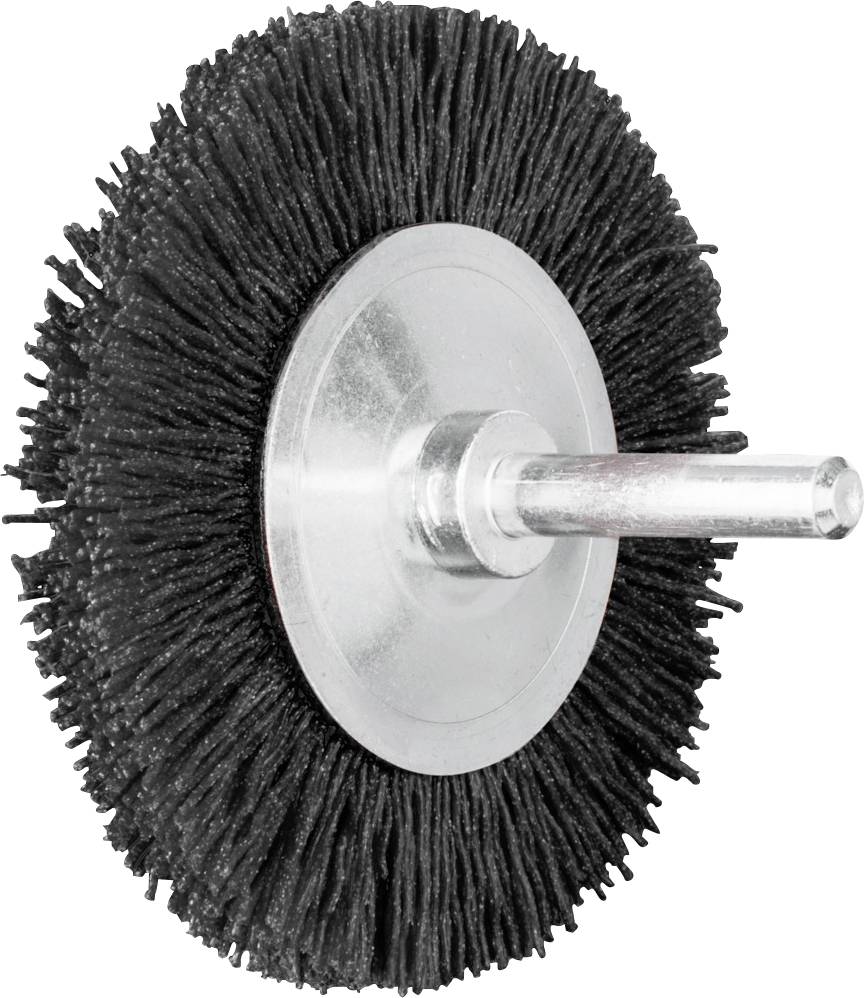 A round wire brush with a metal body and bristles mounted centrally on an axis. Suitable for grinding and cleaning work.