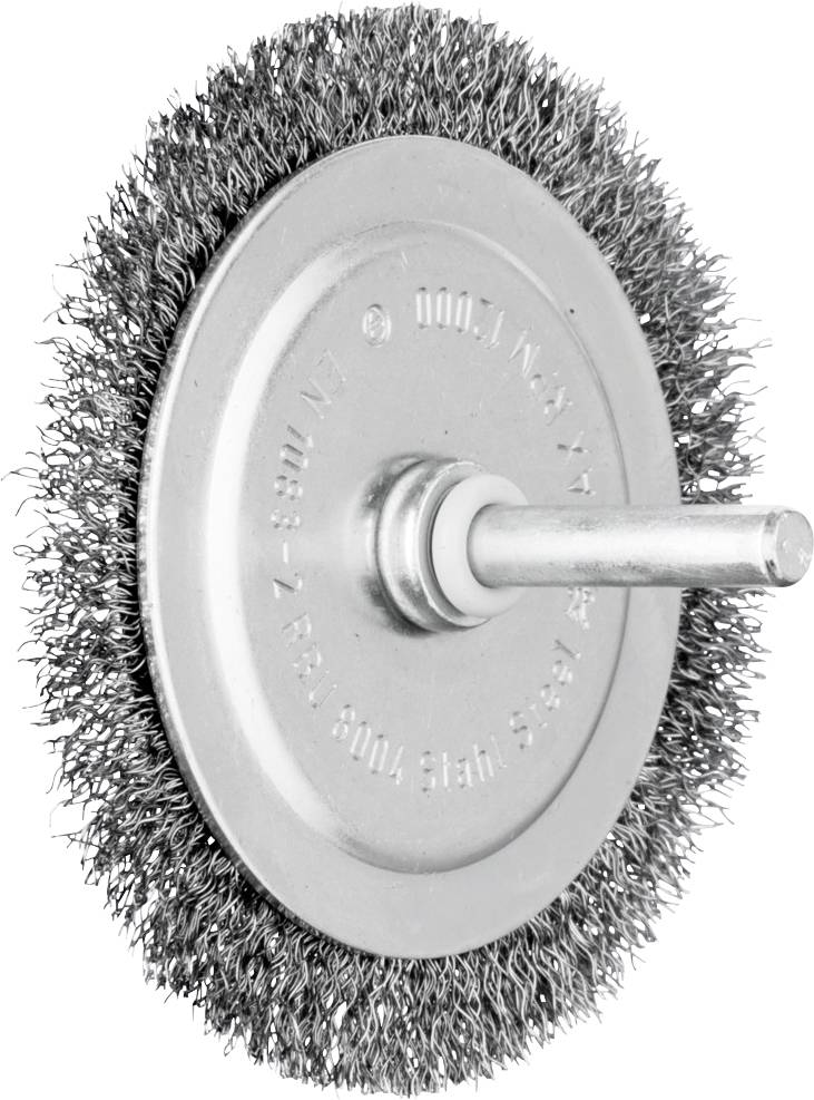 Wire brush attachment with round bristles for drill machines, used for cleaning and surface treatment of metal.