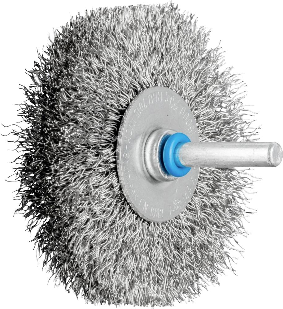 Steel brush attachment with wire bristles and a blue plastic ring, used for grinding metal surfaces.