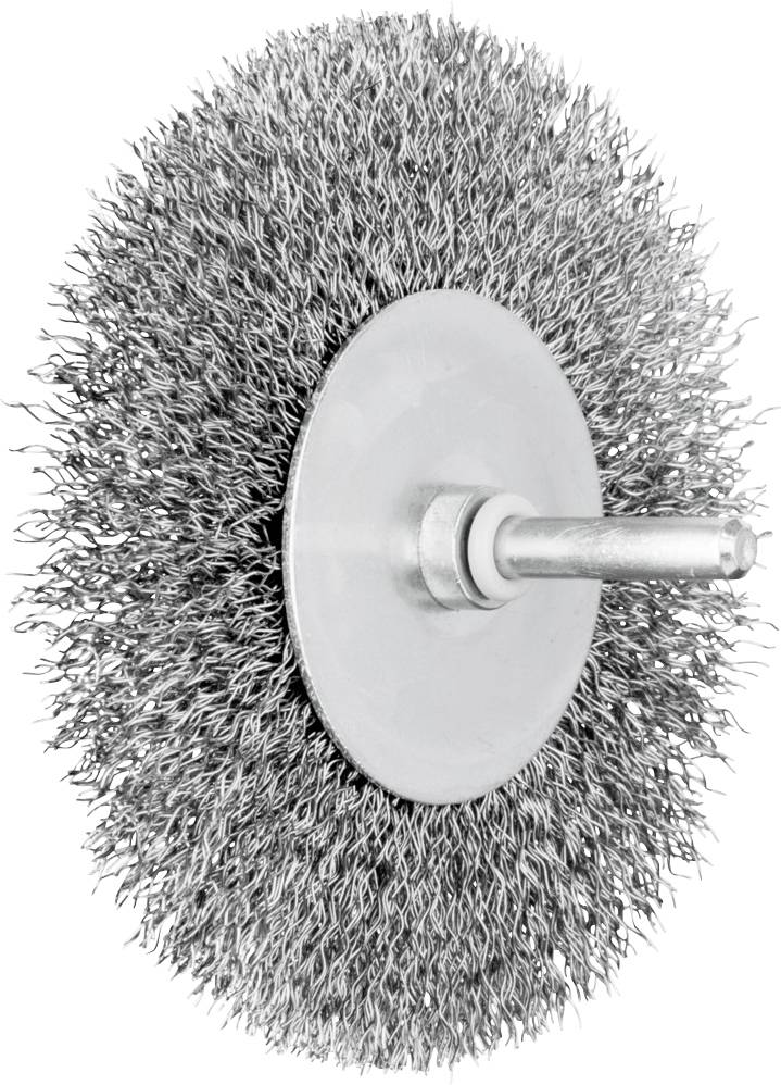 Close-up of a round wire brush with metal bristles and a central mounting pin, used for cleaning or polishing.