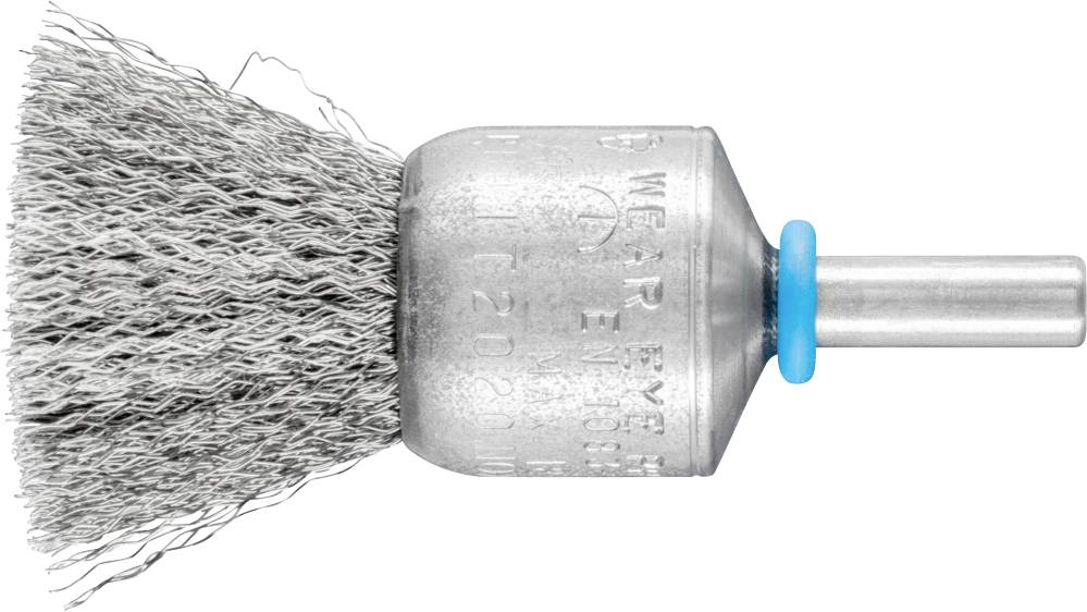Wire brush with a round head and metal bristles, suitable for cleaning surfaces.