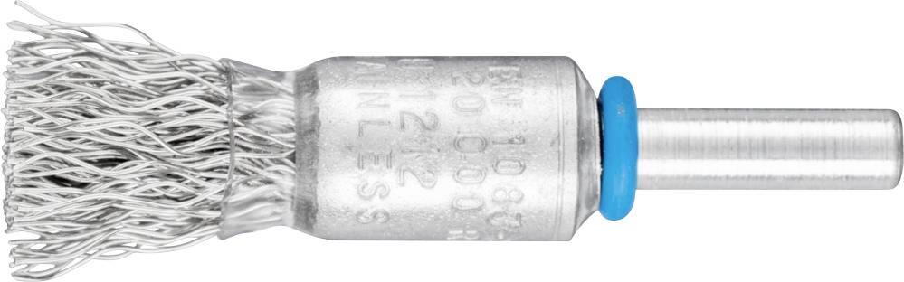 A silver wire brush attachment with a blue ring on a metal cylinder, used for mechanical cleaning or polishing work.