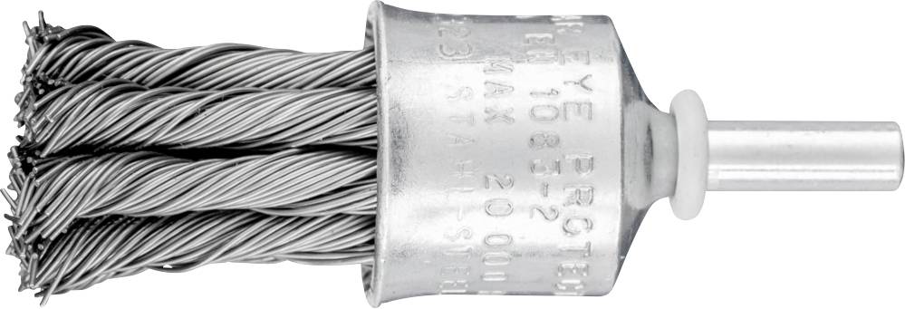 Wire brush with twisted steel wires and metal mounting. Suitable for cleaning surfaces and removing rust.