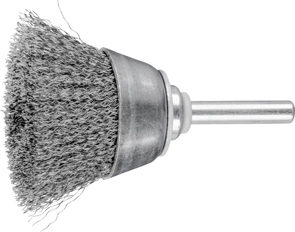 A wire brush attachment with metal bristles and a long shaft, used for cleaning or removing rust from surfaces.