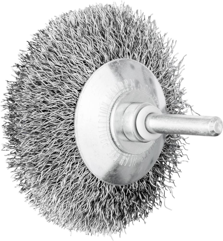 A round wire brush with densely packed bristles and a central metal holder, suitable for cleaning or polishing surfaces.