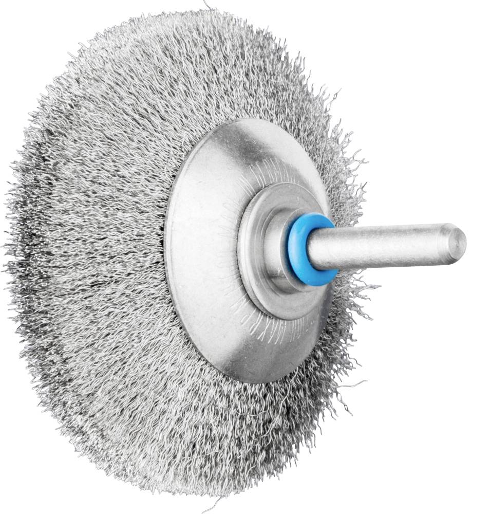 A round wire brush with a metal handle and blue ring, used for cleaning or polishing surfaces.
