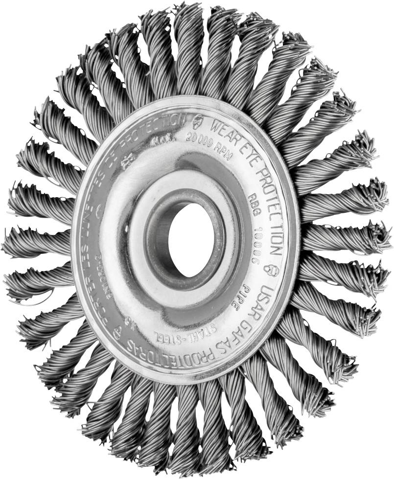 Steel wire brush with double wave wire for drill machine, suitable for deburring and cleaning metal surfaces.
