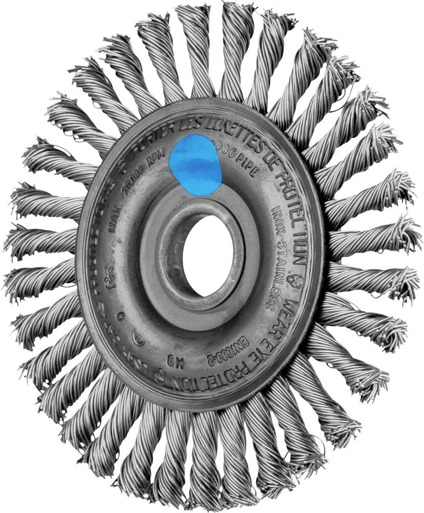 Steel brush with twisted bristles in a circular arrangement, suitable for metalworking or cleaning, blue area highlighted.