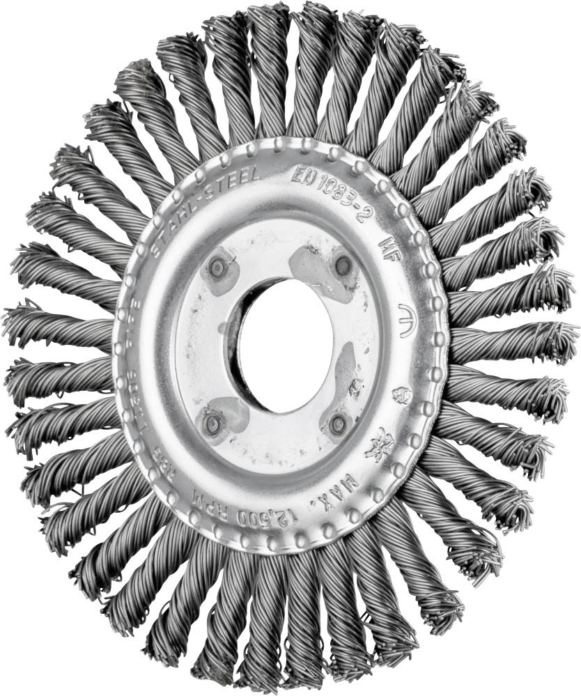 Steel wire brush with twisted wire bristles and central drill hole, used for grinding or cleaning work on metal surfaces.