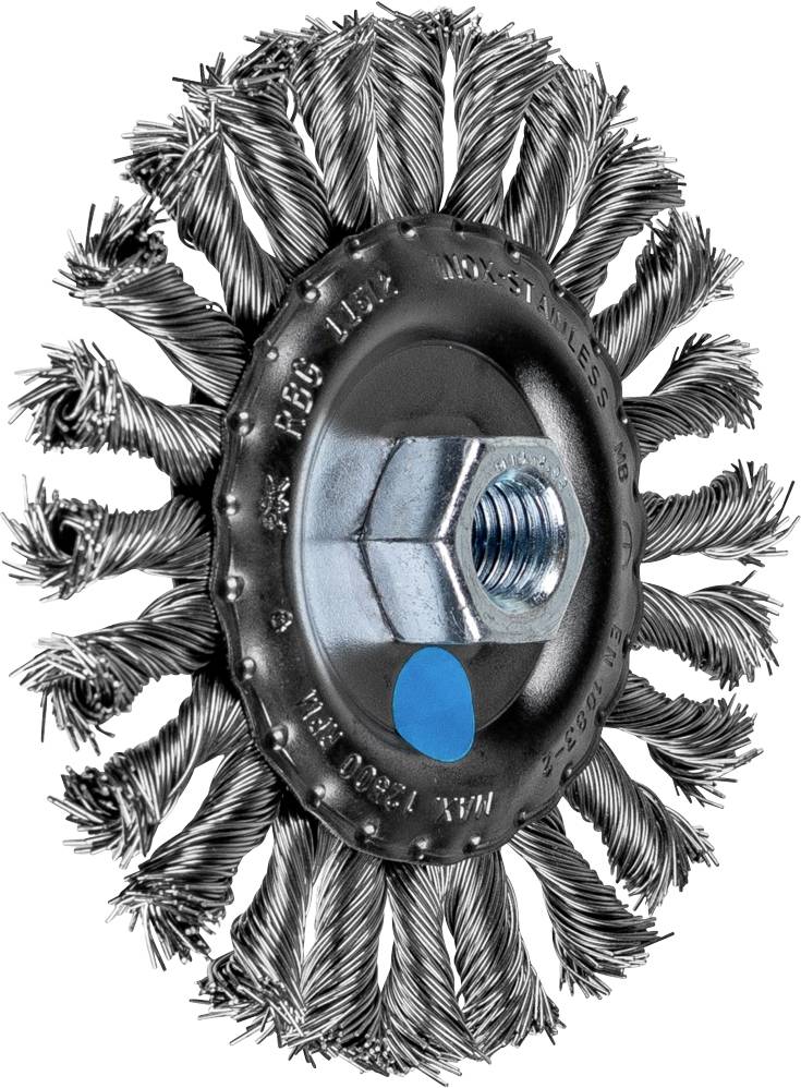 Round wire brush with metal bristles and central hexagonal thread; used for cleaning and deburring surfaces.