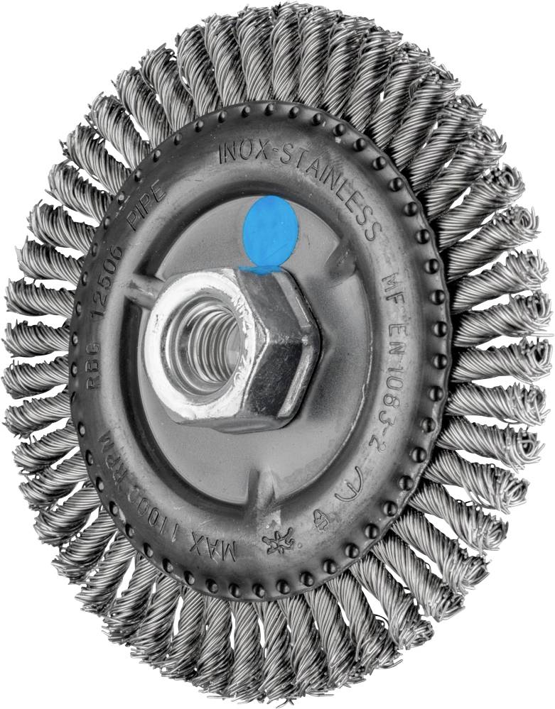 Wire brush attachment with metal bristles and central hexagonal fixing point against a white background.