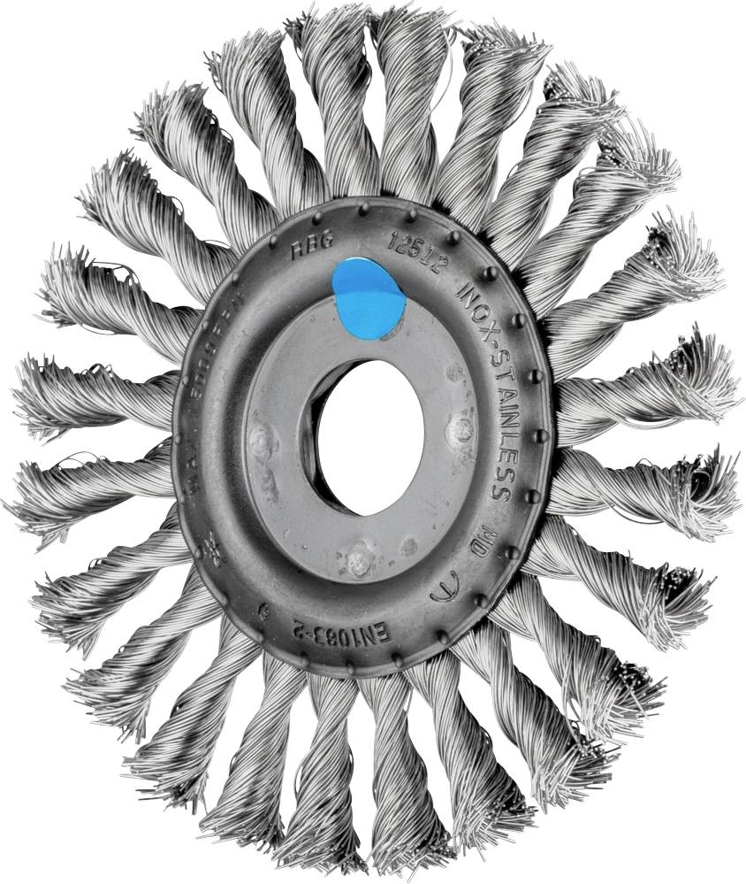 Metal wire brush with concentrically arranged, twisted wire tufts, robust and long-lasting in design, intended for cleaning hard surfaces.