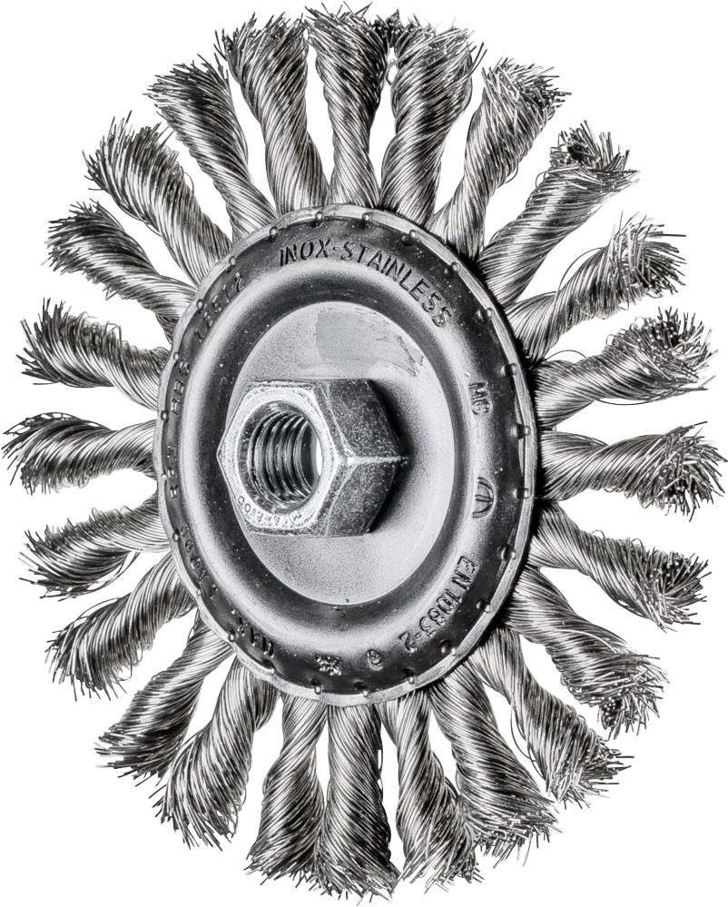 Wire brush attachment for drill; cylindrical shape with dense, twisted metal bristles for metal cleaning and polishing.