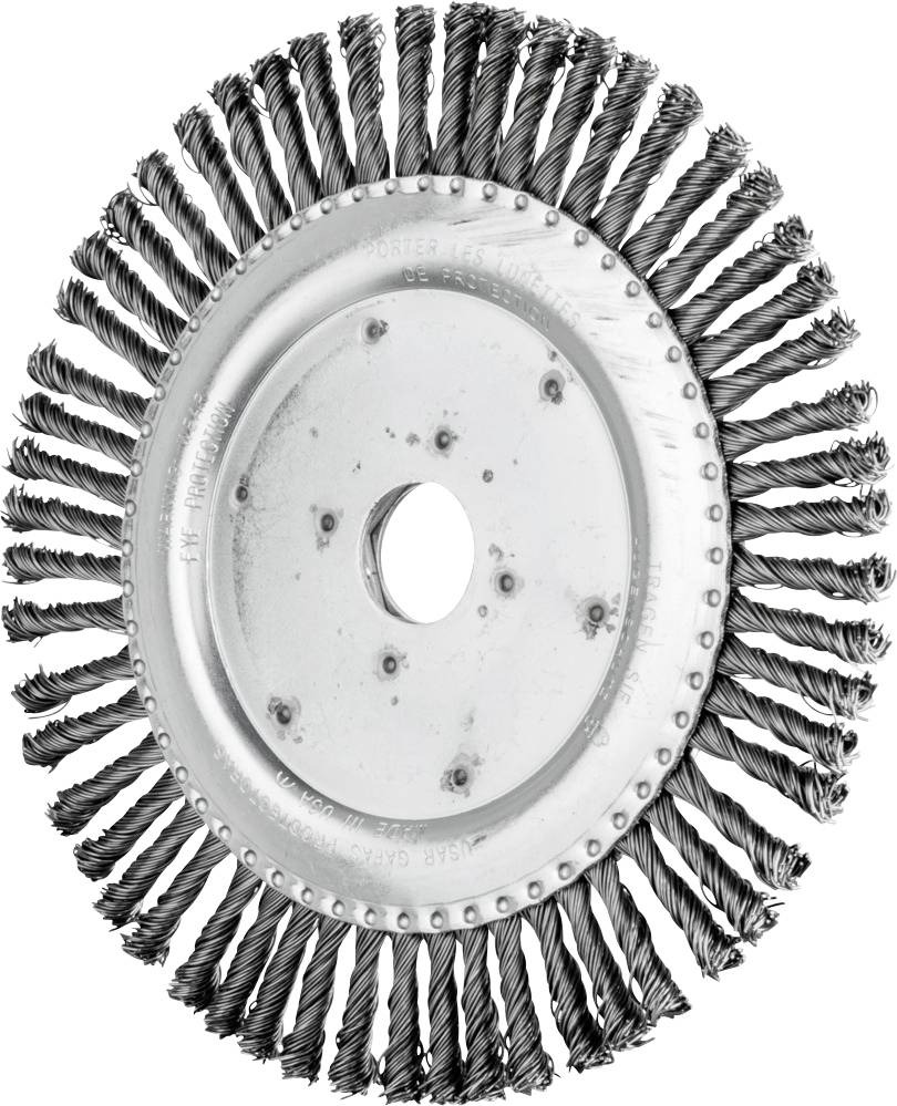 Steel wire brush with spirally arranged bristles for cleaning or de-rusting metal surfaces. Thin, dense wire rows.