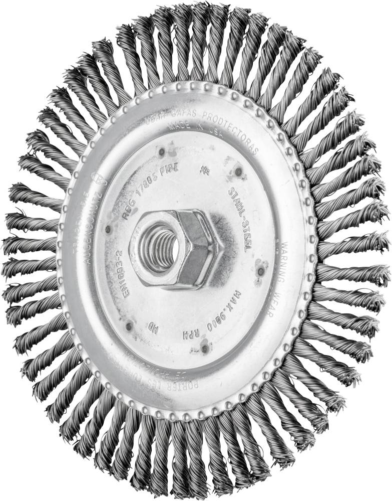 Steel wire brush attachment in disc form with twisted bristles, suitable for cleaning metal surfaces.