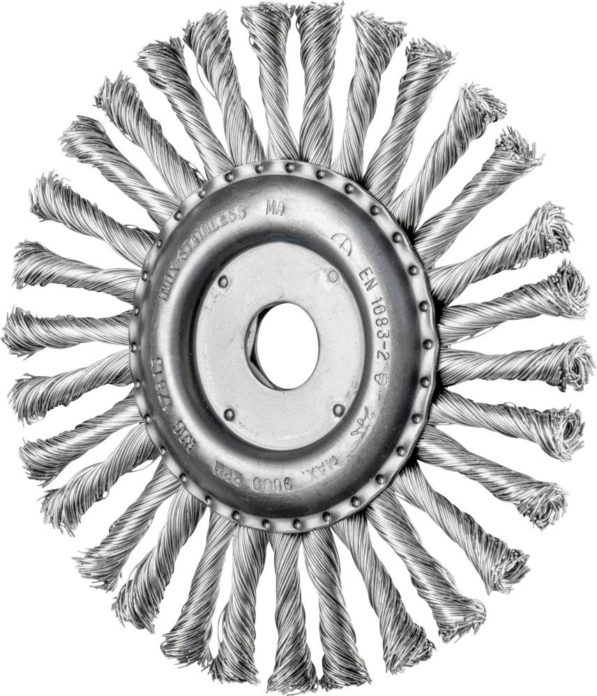 Round wire brush with twisted bristle strands, suitable for cleaning and removing rust from surfaces.