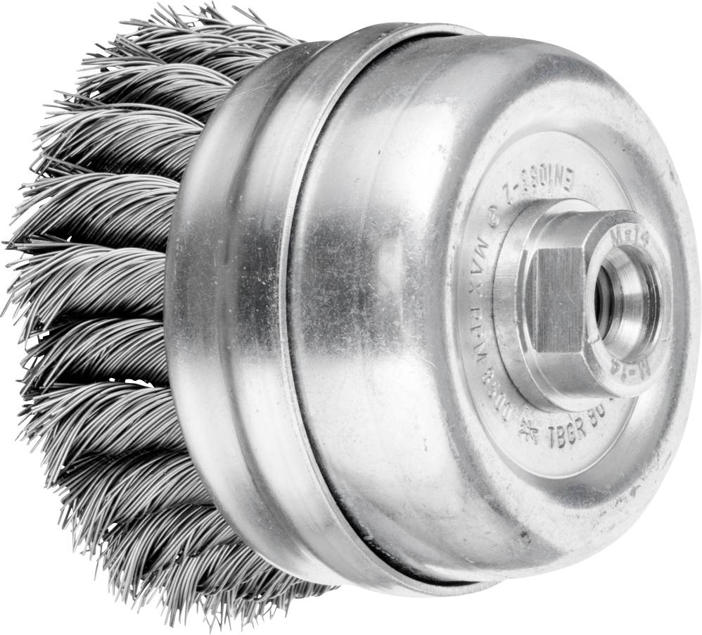 Metal circular brush with braided bristles, suitable for cleaning metals or removing rust and paint.