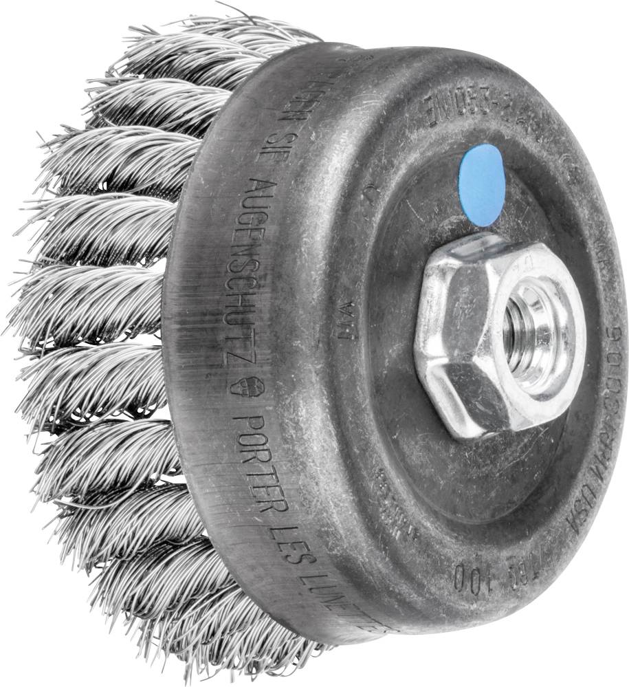 Wire brush attachment with steel wire bristles and central fixing nut, used for grinding or cleaning surfaces.