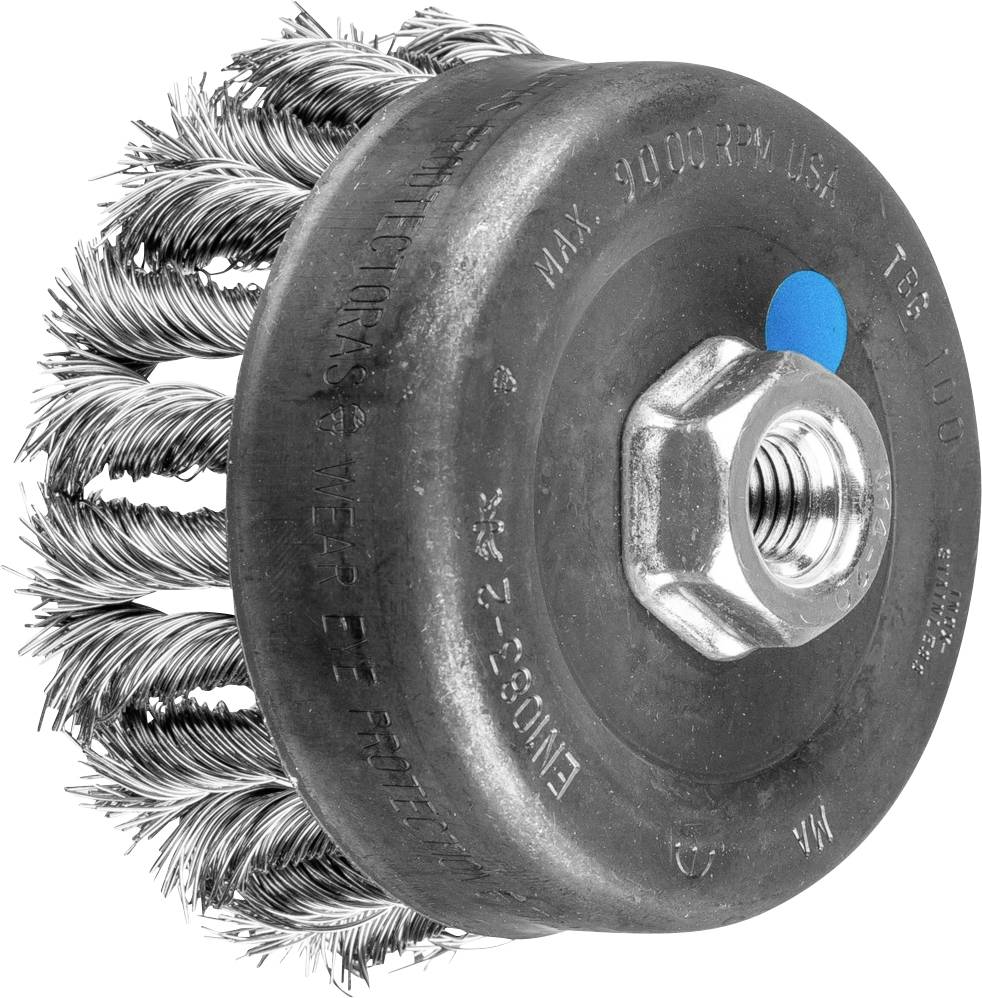 Metal brush attachment with twisted wire bristles and fixing nut, used for grinding machines for surface treatment.