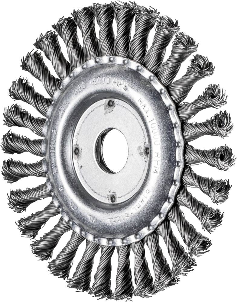 Metal wire brush in a circular shape with twisted wire bristles, suitable for grinding and cleaning work.