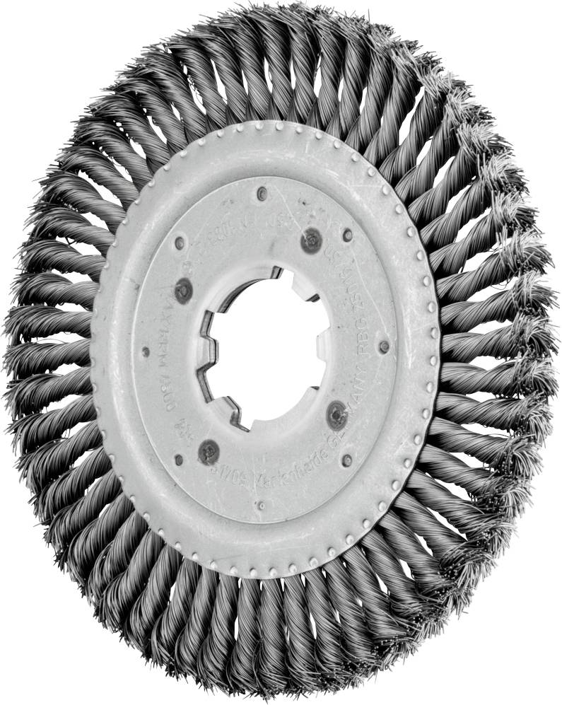 Metal wire brush wheel with twisted wire bristles, primarily used for grinding and cleaning work on metals and other surfaces.