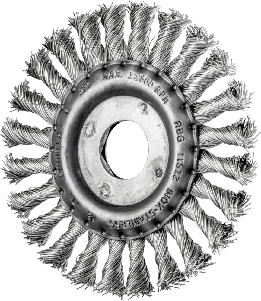 Round wire brush with interlocking rows of bristles. Metal core with inscription 'MAX 12500 RPM INOX STAINLESS'.