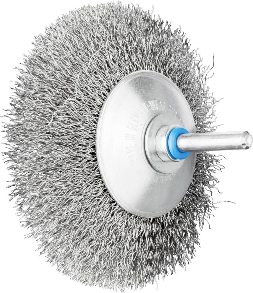 Wire brush attachment in a circular shape with metal bristles, secured to a silver shaft. Suitable for cleaning and grinding work.