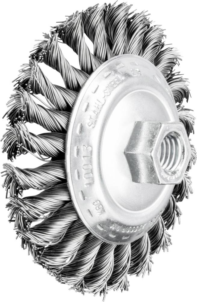 Round wire brush with twisted steel wires and a central screw connection. Ideal for cleaning and removing rust from surfaces.