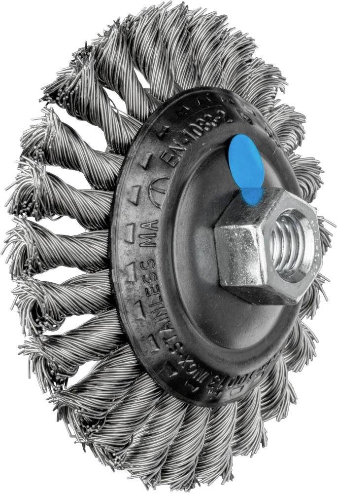 Round wire brush with twisted bristles and central nut, used for removing rust and cleaning metal surfaces.