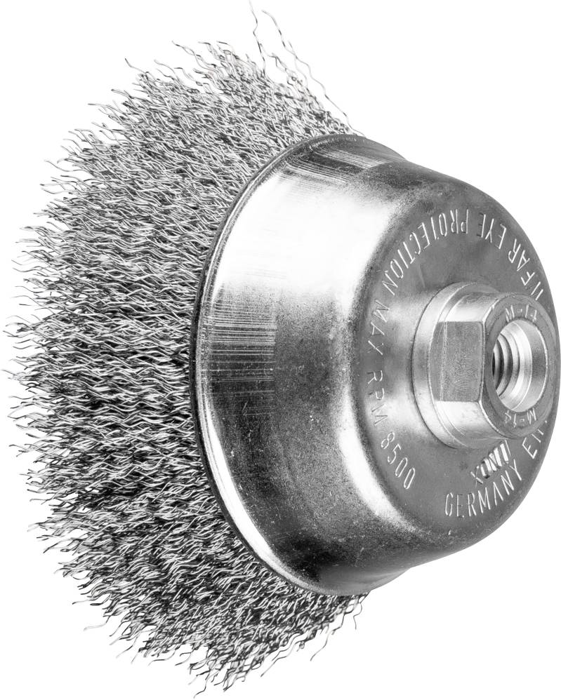 Round wire brush with metal handle, for polishing and removing rust or paint. Suitable for electric tools.