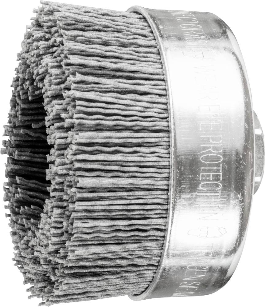 Round wire brush with densely packed metal bristles, mounted on a metal base. Suitable for grinding tools.