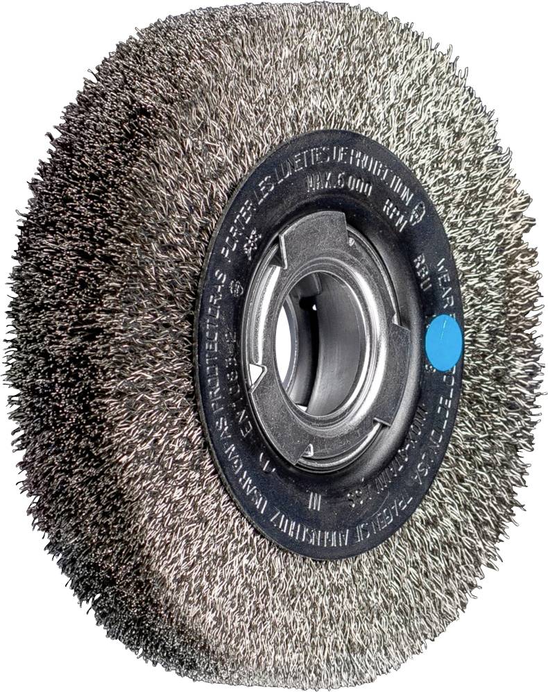 Wire brush wheel with metal bristles and plastic core. Used for surface treatment and removal of rust or paint.