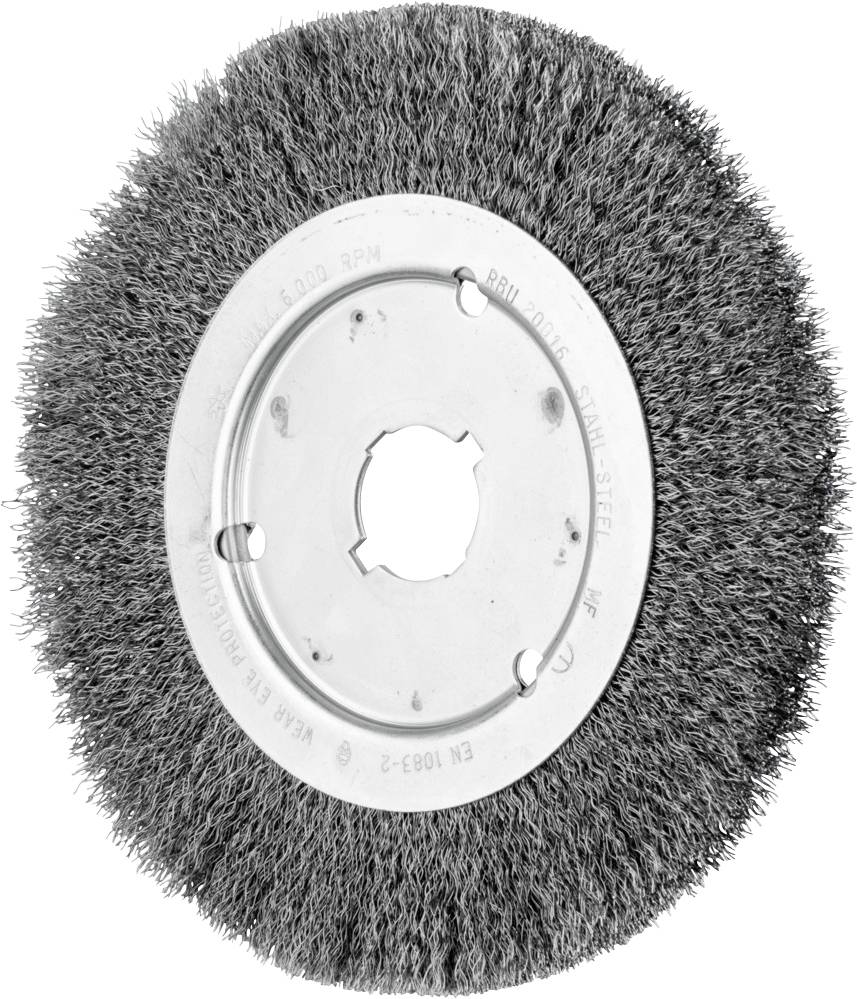 A round wire brush with a metal core, used for cleaning and removing rust from surfaces.