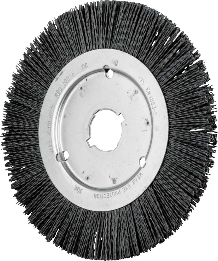 Round wire brush wheel with structured surface and metal core, used for cleaning and removing rust from surfaces.
