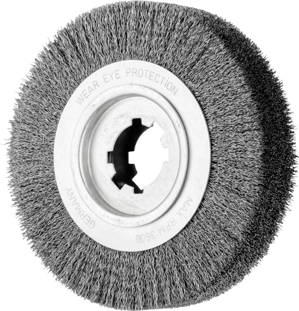 A wire brush with metal bristles and a plastic core. Inscription: 'Wear Eye Protection, Made in Germany, Max RPM 3600'.Note: The translation is already in British English and requires no further modification.