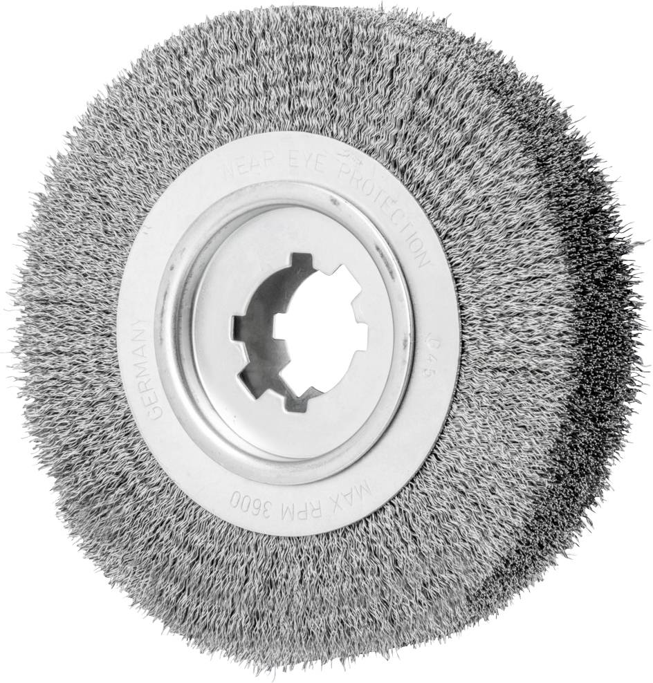 Wire pot brush, suitable for machines, for cleaning or derusting surfaces. Cylindrical shape with dense wire bristles.