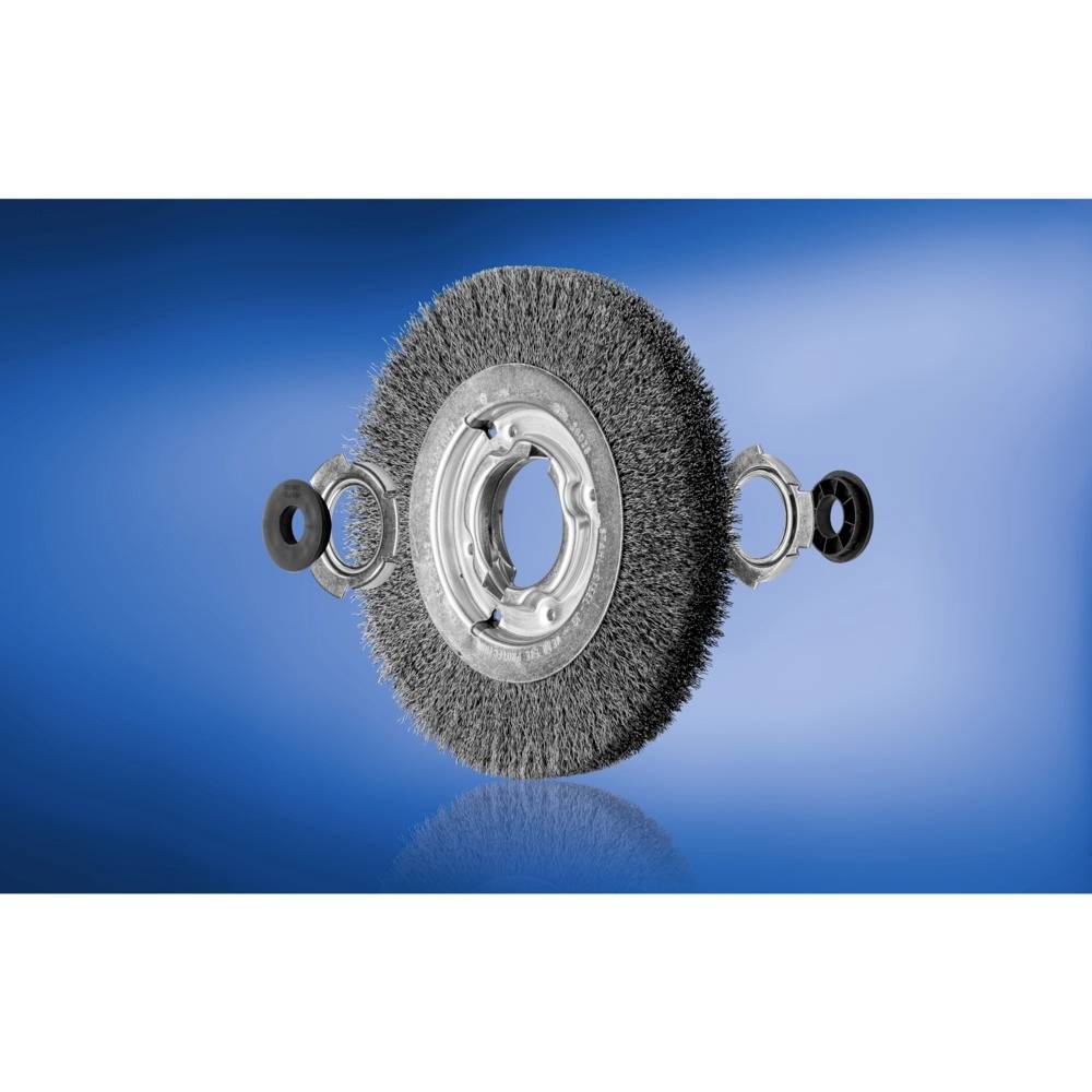 Round wire brush with metal bristles against a blue background, suitable for industrial cleaning and polishing work.