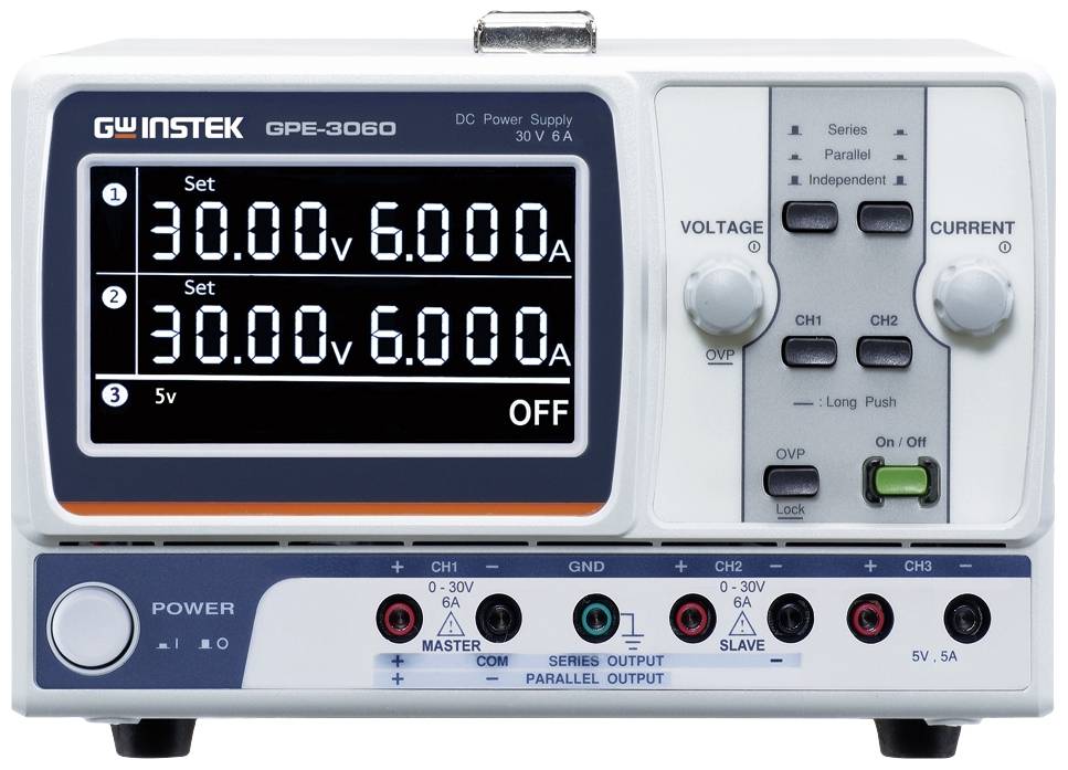 Laboratory power supply with two channels, displaying voltage and current. Displays: '30.00V', '6.000A', with a button for switching on/off.