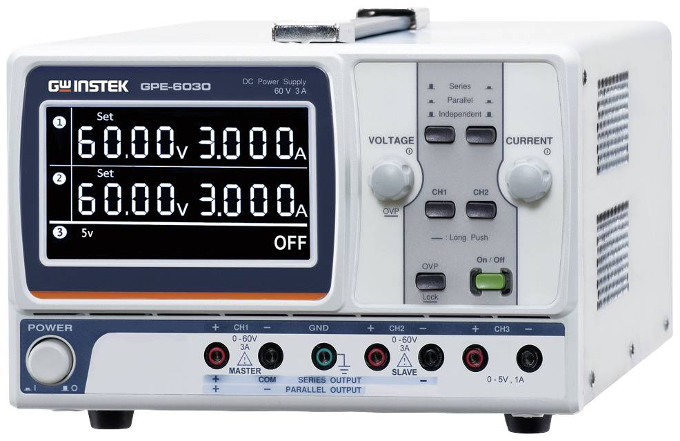Regulated adjustable power supply with digital display at 60V and 3A setting, multiple output modes and control buttons visible.