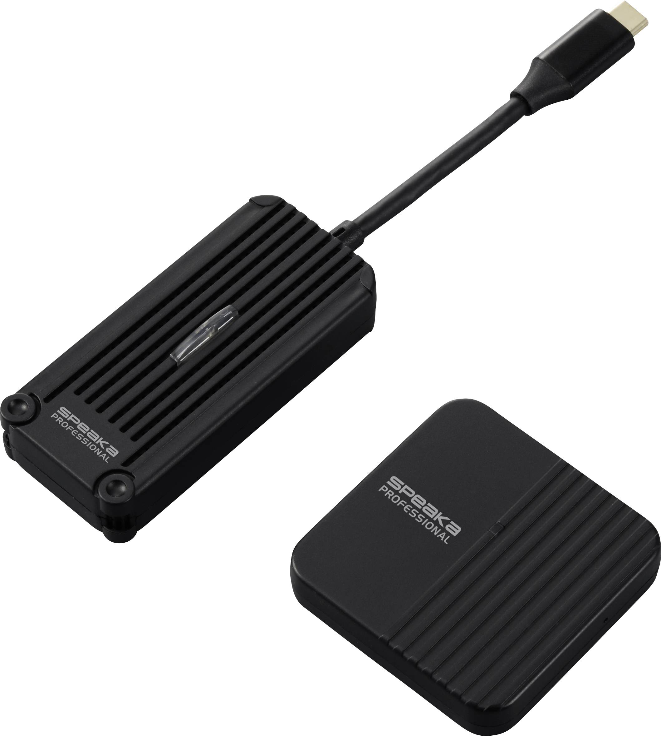 Black wireless HDMI transmitter and receiver by 'SPEAKA PROFESSIONAL', comprising a rectangular transmitter with a short cable and a square receiver.
