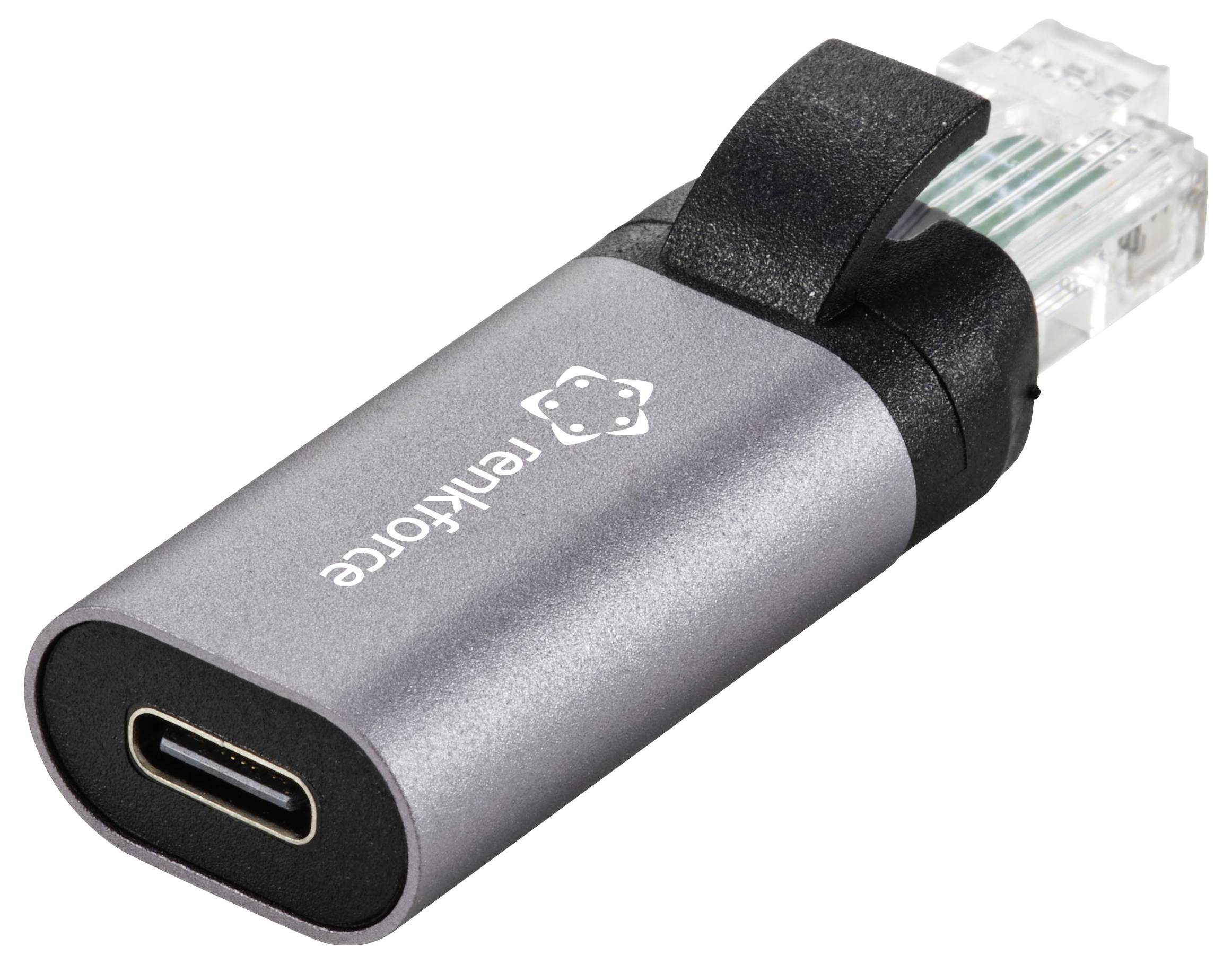 A compact adapter with a USB-C socket and an Ethernet plug, enabling wired network connections for devices with USB-C.