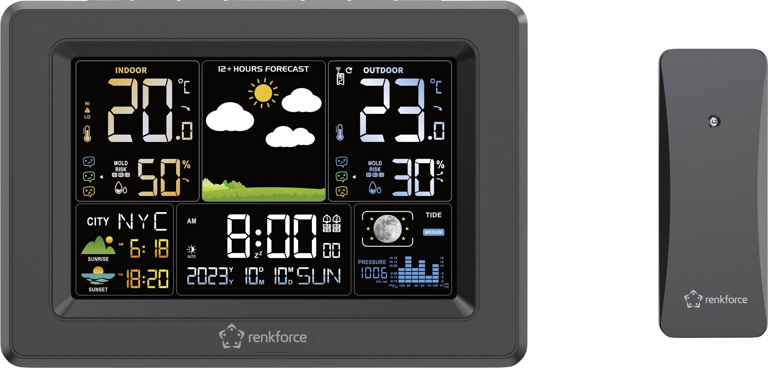 Weather station showing outside temperature of 29°C, indoor temperature 20°C, weather forecast with sun and clouds. Time is 8:00.