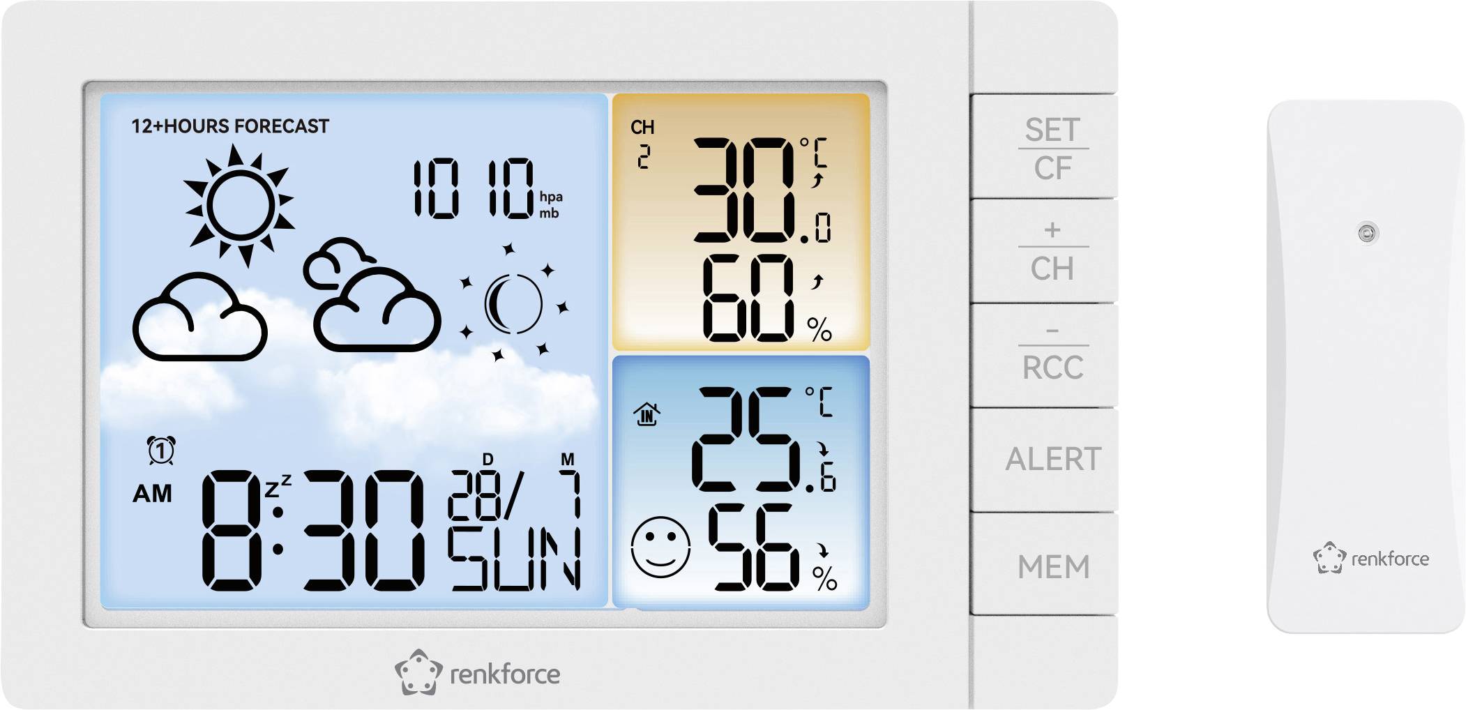 'Renkforce' Weather Station shows day of the week, time, date, weather forecast with sun and clouds. Indoor temperature 25.6°C, humidity 60%.